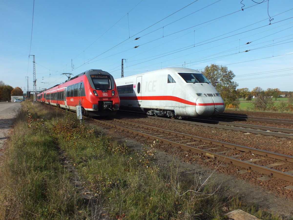 442 132 und 442 130 treffen am 22.10.13 im Bahnhof Saarmund auf 402 003  Cottbus .