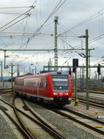 RE3 aus Altenburg und Greiz erreicht am 2.2.18 seinen Endbahnhof in Erfurt. Der Zug wird nach Würzburg durchgebunden und ist auch schon dementsprechend bezeichnet.