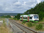 Der Ex-ODEG-RS VT 145 der STB ist auch am 12.7.16 als Pendel zwischen Meiningen und Grimmenthal unterwegs, hier bei der Einfahrt auf Gleis 4.