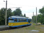 duewag-gt8n/564943/waldbahnwagen-508-auf-dem-weg-von Waldbahnwagen 508 auf dem Weg von Waltershausen nach Tabarz bei der Einfahrt im Gleisdreieck Waltershausen, 31.7.16