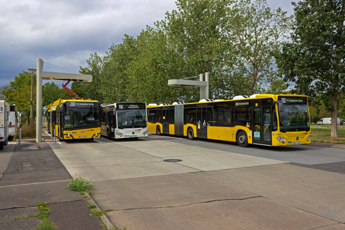 An der neu errichteten E-Bus-Ladestelle an der Michelangelostrae in Prenzlauer Berg haben sich am 28.08.2020 neben dem neuen Elektrobus 5420, der sich gerade nachldt, Wagen 4969 und der Leasingbus 4919, der gleich als Kurzlufer der 156 zum Pasedagplatz fahren wird, versammelt.