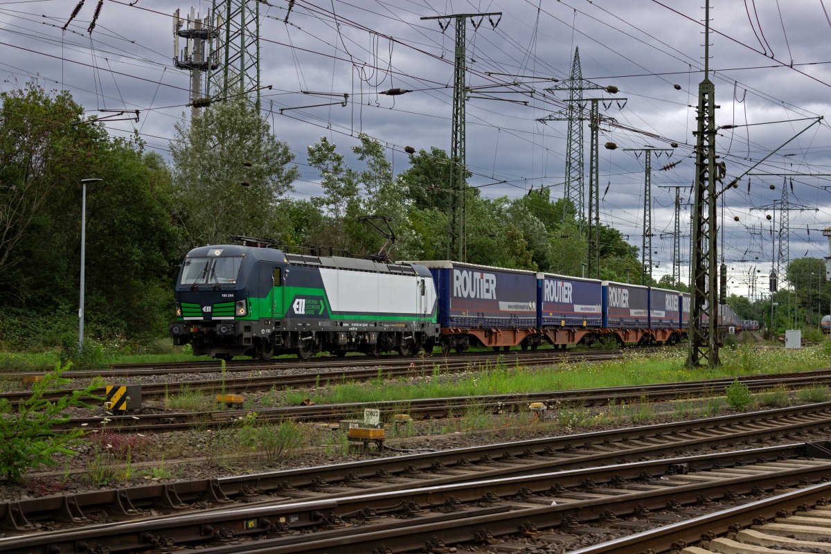 Mit einem langen Zug, der mit LKW-Aufliegern beladen ist, fhrt 193 244 von ell am Rangierbahnhof Gremberg vorbei in Richtung Kln Sdbrcke.