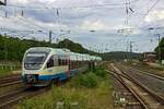 Zwei ursprnglich von der Bayerischen Oberlandbahn eingesetzte Talent, die ein neues Einsatzgebiet bei der eurobahn in Ostwestfalen gefunden haben; 643 116 und 643 109; waren am 29.07.22 auf der Linie RB67 unterwegs, hier auf der kurzen Fahrt zum Endbahnhof Bielefeld.