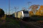 Durch die tiefstehende Sonne haben die Schatten der Bume auf dem ehemaligen Rangierbahnhof Berlin-Wuhlheide bereits die Gleise des Gterauenrings erreicht, als die Railpool-Lok 186 437 solo in