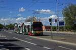 koda-t15/853145/an-der-gleisschleife-divoka-352arka-endete An der Gleisschleife Divoka Šarka endete lange das Gleisnetz der Prager Straenbahn. Seit kurzem ist die Strecke der Linien 20 und 26 um einige Stationen verlngert, die Schleife ist aber nach wie vor vorhanden. Wagen 9371 mit einer farbenfrohen Werbung fr den Botanischen Garten hat am 27.04.24 auf der Linie 20 die Haltestelle Divoka Šarka verlassen, die nun als Umsteigepunkt zwischen Straenbahn und O-Bus ausgefhrt ist.