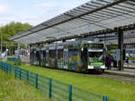 Gut getarnt und kaum zu sehen ist die Straßenbahn 206 der STOAG. Am 16.5.19 hält sie auf dem Weg nach Mülheim in Sterkrade Bahnhof.
